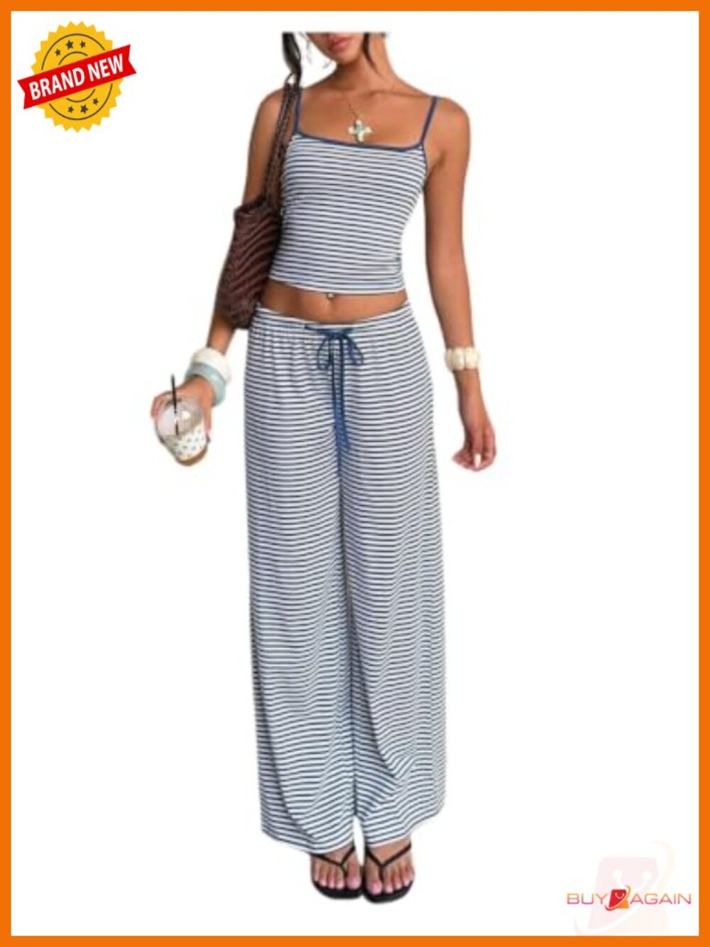 Striped 2 Piece Lounge Set Cami Crop Top & Pants Polyester Spandex